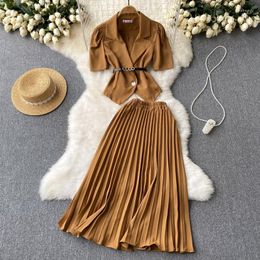 Two Piece Dress Women Skirt Suits Lapel Short Irregular Waist Belt Slim Top Summer Casual Mid-length Pleated Two-piece Suit