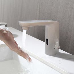 Bathroom Sink Faucets Smart Automatic Basin Faucet Taps Body Brass Material White Colour Single Handle Ceramic Valve Core AC Plug &