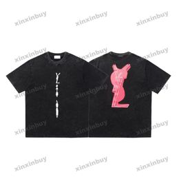 xinxinbuy Men designer Tee t shirt 23ss padrão de letras destruídas Fluorescente Vermelho estampado manga curta algodão feminino preto 320460 XS-3XL