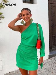 Dresses Foridol Lace Up One Shoulder Ruched Green Party Dress Batwing Sleeve Short Elegant Clubwear Dress Vestidos De Fiesta Summer Robe