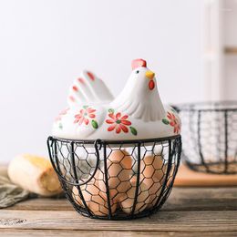 Storage Bottles Kitchen Ceramic Egg Basket Box Creative Hen Iron Woven For Garlic Potato Debris Decoration