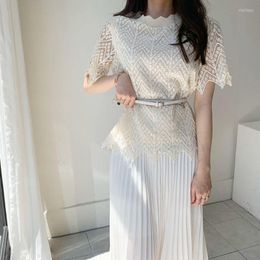 Work Dresses Sannian Two Piece Set Women Clothes 2023 Summer Round Neck Slimming Hollow Lace Top Pleated Skirt