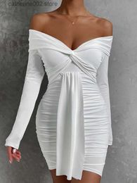 Party Dresses Fairyshely Sexy Tight Long Sleeve Short Club Dress 2023 White Evening Bodycon Dresses For Women Off Shoulder Party Mini Dress T230602