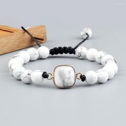 Strand Trendy 6 8MM White Stone Bead Bracelet Women Rounded Square Pendant Braided Couples Adjustable Bangles Jewelry Gift