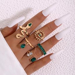 Anklets Snake Shaped Sun Eye Green Stone Inlaid Ring Set With European And American Style Women's Hand Jewelry Five Piece