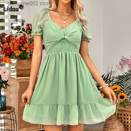 Party Dresses Fresh and Sweet Pleated Solid Color Mini Dress Summer Clothes for Women V-Neck Beach Patchwork Short Sleeve Basic A-line Skirt T230602