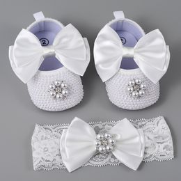 First Walkers Luxury Pearl Baby Girl Shoes First Walker Headband Set Sparkle Bling Crystals Princess Shoes Baby Shower Gift SH 230601