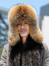 Mens Real Fox Fur Hat Real leather Hat Russian Ushanka Winter Aviator Trapper Hat Bomber Ski Earmuffs Cap