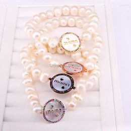 Charm Bracelets 6PCS ZYZ-B2736 "mama" Jewellery Bracelet Colourful CZ Micro Pave Round Shell With Nature Pearl Beads Women