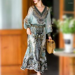 Casual Dresses Vintage Women Spring Summer Long Lantern Sleeve Floral Print Elegant Ladies Dress Party Arab Vestidos NS32