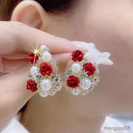 Stud New Red Rose Pearl Earrings For Women Rhinestone Flower Tassel Earring Bride Wedding Party Jewellery