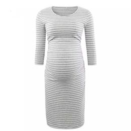 Maternity Dresses Ruffled O-Neck Stripe Half Sleeve Casual Packaging Summer Spring Pregnant Women's Dress G220602