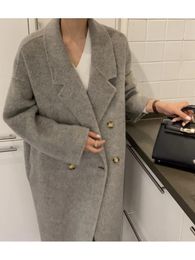 Blends Winter 2022 Temperament Double Breasted Long Alpaca Woollen Overcoat Women Korean Style Handmade Loose Wool Coat Jacket