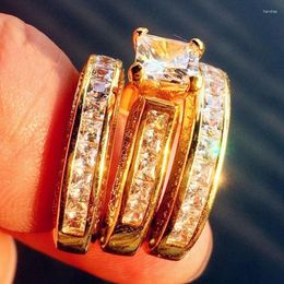 Wedding Rings 2023 Fashion Gold Colour Crystal Zircon For Women Accessories Engagement Jewellery Girl Gift Vintage Set