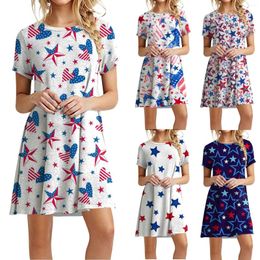 Casual Dresses Women'S Summer Dress Independence Day Print Loose Crewneck Short-Sleeved Elegant Party For Women 2023 Vestidos