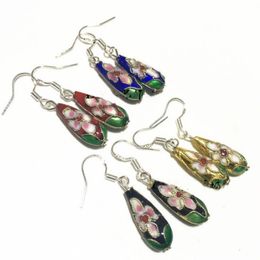 Vintage Ethnic Cloisonne Filigree Flower Teardrop Earrings Wholesale Enamel Colourful Jewellery Cute Women Accessories 925 Silver Hook 10pair/lot