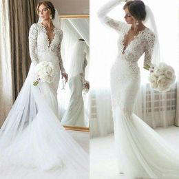 2022 New Graceful Mermaid Wedding Dresses Illusion Deep V Neck Lace Applique Long Sleeve Spring Autum Bridal Gowns Plus Size Weddi2837