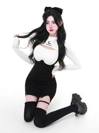 skirt Black Korean Style Twopiece Set Women Bodycon Elegant Sexy Party Mini Skirt Suit 2023 Y2k White Blouse + Split Suspenders Skirt