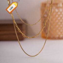 MICCI Wholesale INS Vintage Style 18K Gold Plated Paper Clip Chain Layered Necklace Stainless Steel Chain Three Layer Necklace