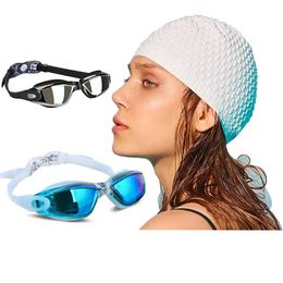 Prescription Myopia adult and women's long hair silicone cap set diving glasses men's children's swimming goggles equipment P230601