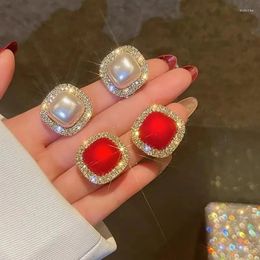 Stud Earrings Korean Red Square Crystal For Women Trendy Rhinestone Geometric Earring Girl Party Wedding Jewellery Gift