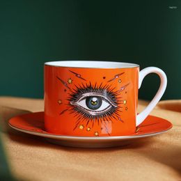 Cups Saucers Orange Star Eyes Coffee Cup & Saucer Set European Style Creative Colourful Decorative Ceramic Mug Office Tea Dessert Dish