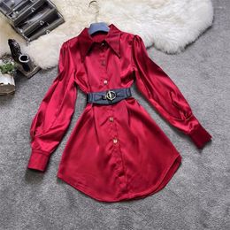 Casual Dresses Spring Summer Satin Mini Blouse Dress Women Fashion With Belt High Waist Black Red Long Sleeve Short Ladies Clothes