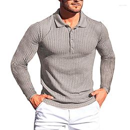 Men's Sweaters Spring Men's Elastic Polo Shirt Striped Fitness T-Shirts Men Slim Fit Turn-down Collar Long Sleeves T Shirts Sportwear