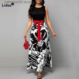 Party Dresses Women's Casual Printing Sleeveless High Waist Stitching Bandage Swing Skirt Summer Clothes Fashion O-Neck Slim Black Long Dress T230602