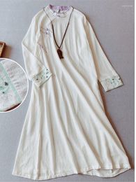 Casual Dresses Women Dress 2023 Autumn Spring Chinese Clothing Embroidery Cotton Linen Button Loose Long Sleeve Robe Female YoYiKamomo