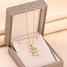 Cute Inlaid Powder Diamond Zircon Rabbit Pendant Necklace for Women High Grade Steel Titanium Collar Chain