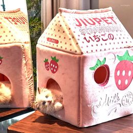Cat Beds Cute House Washable Cave Bed Soft Sofa Tent Strawberry Banana Milk Lounger Cushion Pet Plush Supplies