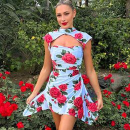 Elegant Flower Print Mini Dress For Women Robe 2023 Summer New Turtleneck Hollow Out Sleeveless Bodycon Short Dress