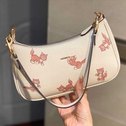 HOT Cute Cat Underarm Tote Bag Designer Bags Print Armpit Shoulder Bags Small Mahjong Bag Lychee Grain Cowhide Purse Handbag 230420