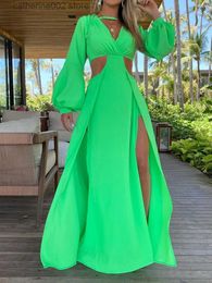 Party Dresses Women 2023 Summer Big Swing A Line Holiday Dresses Sexy Puff Sleeves Open Back Lace-up Hollow High Waist Fashion Neon Long Dress T230602