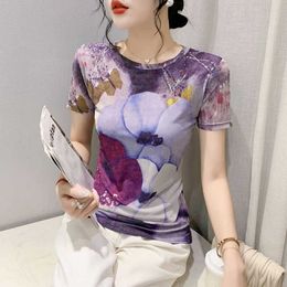 T-Shirt S-3XL Summer Mesh Fashion Print Purple Flower T-shirt Women's O-Neck Short Sleeve Top P230602