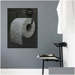 Paintings Funny Shiny Toilet Paper Canvas Painting Wall Art Abstract Black Picture Poster Print Wallpaper Living Room Decoration Dro Dhn23