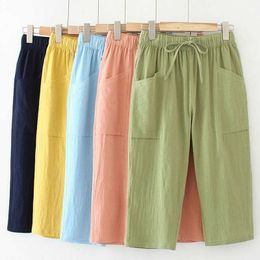 Capris Rimocy Summer Green Cotton Line 2023 Loose Elastic Waist Cut Trousers Women's New Large Pocket Lace Casual Pants P230602