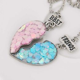 Pendant Necklaces 2Pcs/set Best Friends Necklaces Sequin Heart Broken Stitching Pendant Chain Necklace BFF Friendship Jewellery Gifts For Girl Women J230601