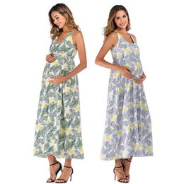 Maternity Dresses Pregnant women's dress printed suspender V-neck sleeveless irregular maternity dress maternity dress breastfeeding suit G220602