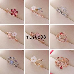 Band Rings New Fashion Crystal Zircon Rings Sweet Flower Leaf Butterfly Adjustable Open Rings Female Wedding Engagement Jewellery Gift J230602