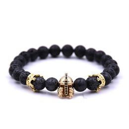 Beaded Wholesale Roman Helmet Bracelet Men Boy Black Lava Rock Stone Crown Energy Bracelets Jewellery Christmas Gift Drop Delivery Dhi8L