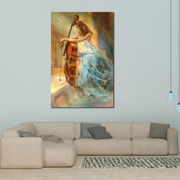 Textured Canvas Art Figurative Oil Painting Girl with Cello Hand Painted Modern Elegance Music Artwork Unique for Entryway Decor