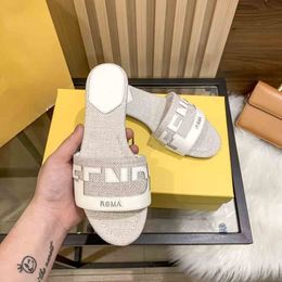 Designer women mules sandal slipper slide flats F-Logo Bicolor Flat Sandals genuine leather and rubber sole Outdoor beach brand flip flop Canvas and genuine leather