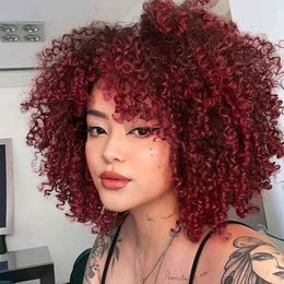 Short Kinky Curly Human Hair Afro Wigs for Black Women None Lace Wig Kinky Curly Wig Burgundy Red Hair Full Wigs Glueless with bang fringe
