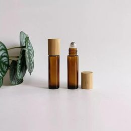 Storage Bottles Wholesale Empty 10ml Round Amber Glass Eaaential Oil Roll On Bottle With Steel Roller Ball Bamboo Lid Refill Cosmetic