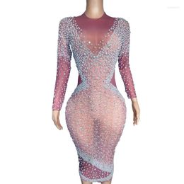 Stage Wear Elegant Pearls Rhinestones Dress Women Sexy Transparent Birthday Wedding Celebrate Evening Prom Gown Pography