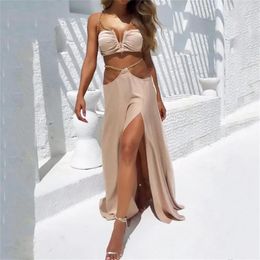 Skirts Hollow Out Satin Halter Crop Top Skirt Set For Women Summer Holiday Vacation Sexy Chain And Split Long Party Clothes