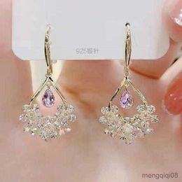 Stud Luxury Water Drop Flower Zircon Earrings for Women Amethyst Dangle Earring Valentines Day Gift Wedding Party Jewellery