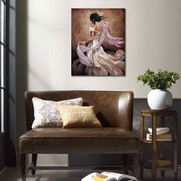 Fine Canvas Art Woman in White Dress Handmade Impressionist Painting Figurative Artwork Perfect Wall Decor for Living Room